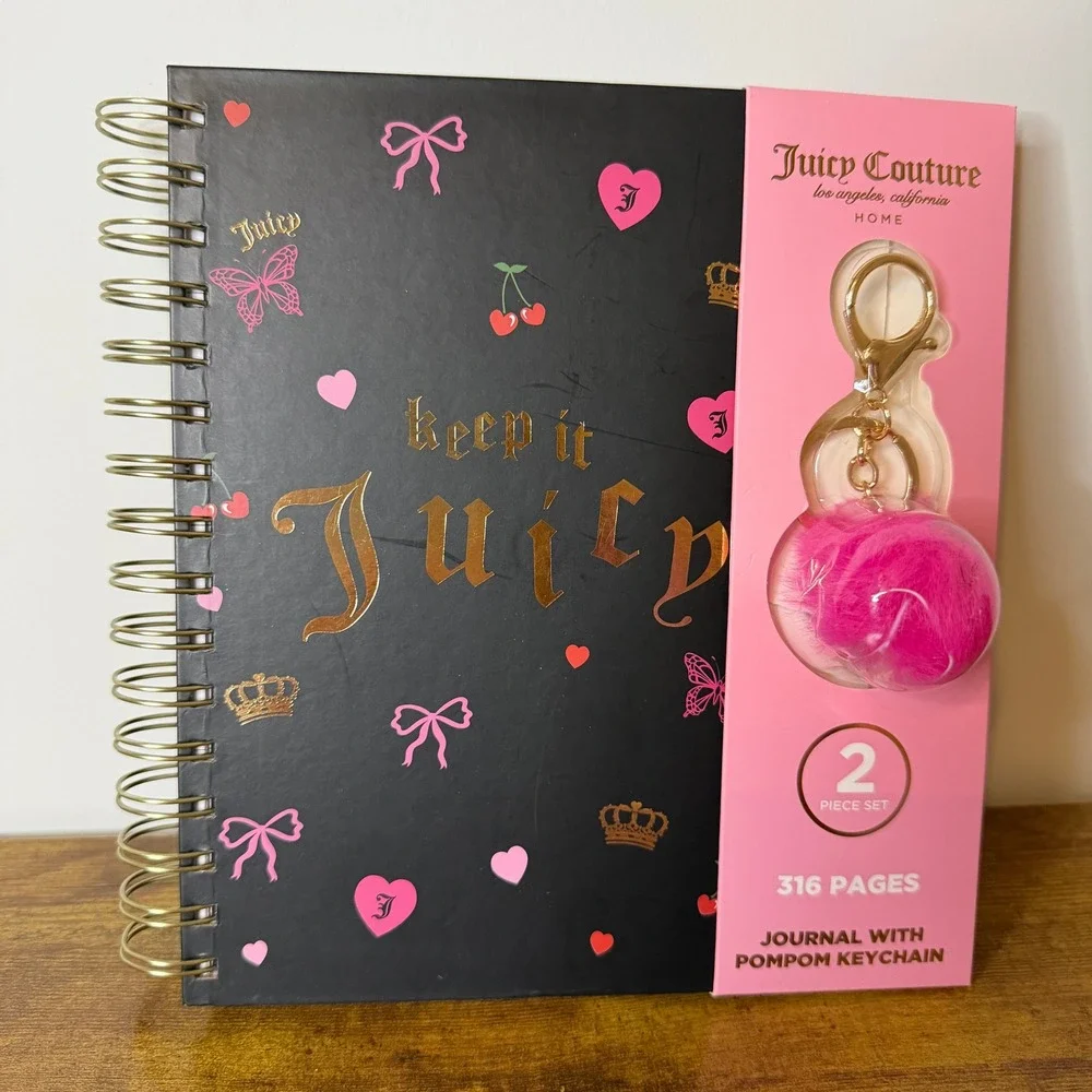 New Juicy Couture Spiral Notebook Journal Black Cherry Pom Charm Stationery Pink